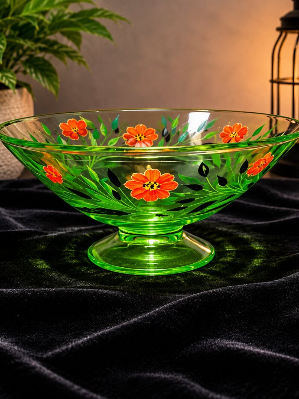 Vintage Green Uranium Glass 9" Bowl Hand Painted Orange Floral Depression Art